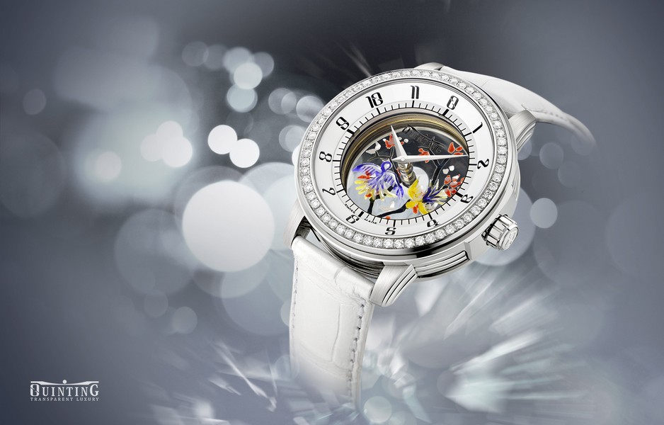 Transparent watch with kinetic art and 60 diamonds